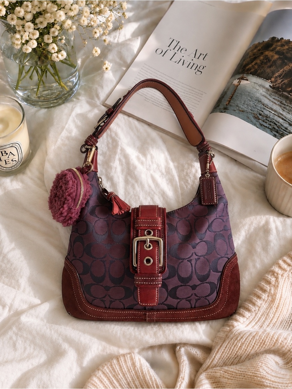Coach Plum Signature Hobo with Burgundy Leather Trim